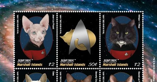 Marshall2BIslands2BStar2BTrek2BThe2BNext2BGeneration2BCats2Bpostage2Bstamps 500x262 New TNG postage stamps, including TNG cats!